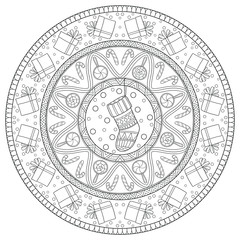 New year and Christmas theme. Black and white graphic doodle hand drawn sketch mandala for adult, kids coloring book. Gifts, socks, garlands, ethnic patterns.
