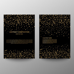 Brochure design a4. Vector gold serpentine and confetti on black background. Information banner. A set of page. Modern vector page. Ad flange. Celebration.