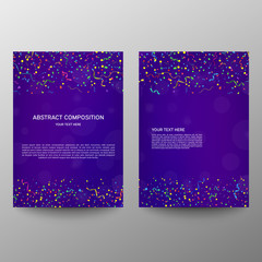 Brochure design a4. Information banner. A set of page. Modern vector page. Ad flange. Celebration. Vector serpentine and confetti on colourful background.