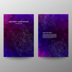 Purple a4 brochure cover design. Patch info banner frame. Modern vector front page. Polygonal texture. Ad flyer fiber. Abstract composition. Information banner. A set of page. Dots and lines.