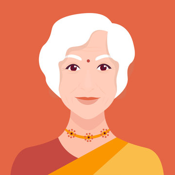 Portrait of an elderly Indian woman in a sari. Female face. Grandmother head Vector flat illustration