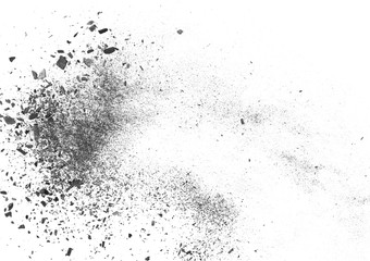 Black charcoal dust, gunpowder explosion isolated on white background and texture, top view