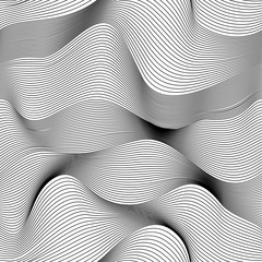 Abstract vector seamless moire pattern with waving curling lines. Monochrome graphic black and white ornament.