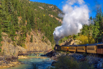 Historic steam engine train in Colorado, USA - obrazy, fototapety, plakaty