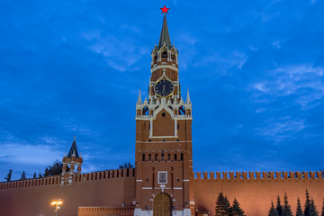 Fototapeta na wymiar Spasskaya Tower at Red square in Moscow. Evening view.