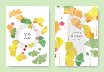 Fototapeta premium Vector. Ginkgo leaf. Wedding white background card. Thank you, rsvp, invitation elegant card illustration graphic.