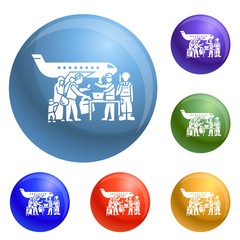 Migrant people on plane icons set vector 6 color isolated on white background