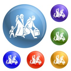 Migrant family leave home icons set vector 6 color isolated on white background