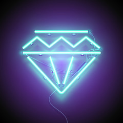 Neon sign. Retro neon Diamond signboard on purple background. Design element. Ready for your design, greeting card. Vector illustration.