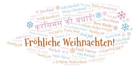 Fröhliche Weihnachten word cloud - Merry Christmas on German language and other different languages.