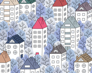 Houses and trees winter landscape. Houses and trees winter landscape. Hand-drawn winter city. Snow is falling. Vector background.