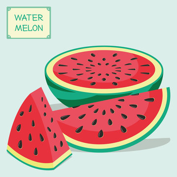 Different pieces of a watermelon. The fruit cut into pieces in form of a triangle, a wedge and a half of a watermelon. Vector illustration.
