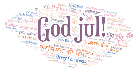 Fototapeta na wymiar God jul word cloud - Merry Christmas on Norwegian language and other different languages.