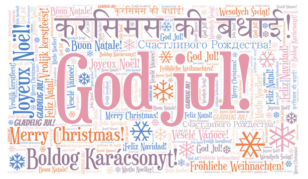 God jul word cloud - Merry Christmas on Norwegian language and other different languages.