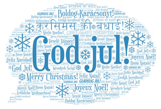 God jul word cloud - Merry Christmas on Norwegian language and other different languages.