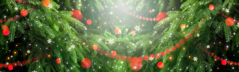 Fototapeta na wymiar Christmas background with fir tree, glowing garland and snowfall