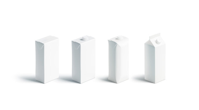 Blank white juice or milk pack mockup set,  different types
