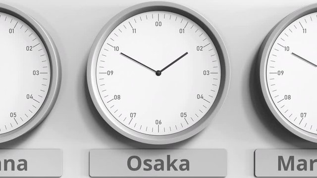 Clock shows Osaka, Japan time among different timezones. 3D animation