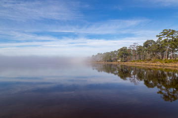 Fog rolling in over a the water with the woods  and trees in the background
