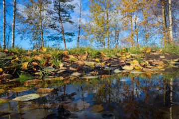  The shore of the lake Smartie. The reflection in the water