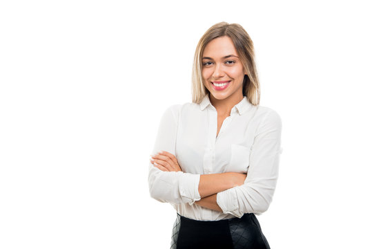 Portrait of beautiful business woman standing with arms crossed