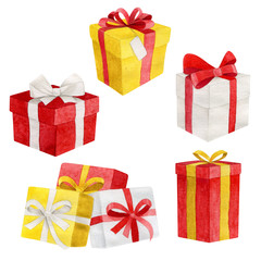 Set of watercolor gift boxes. Perfect for christmas invitations, greeting cards, blogs, wedding posters and holiday clips isolated on a white background.