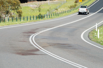 Large blood stain on rural road after wildlife roadkill