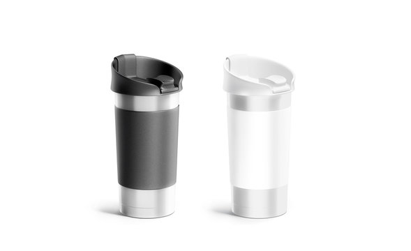 Blank silver travel mug black and white sleeve mockup set
