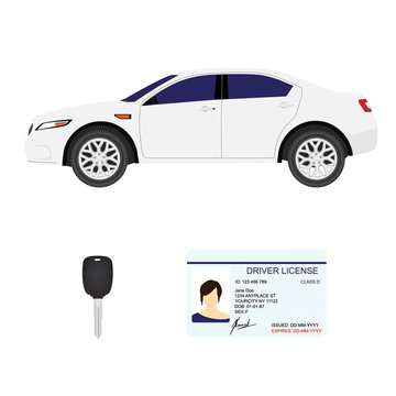 Driver license, key and white sport car
