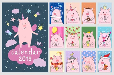 Monthly calendar with cute pig characters. Symbol of Chinese New Year 2019