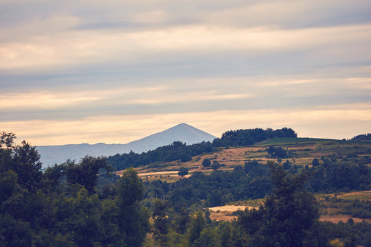 View of hilly landscape and Rtanj mountain in Serbia.