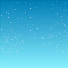Winter night background with snowflakes and fir trees. Line illustration. Vector. Eps 10