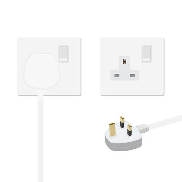 Realistic white plug inserted in electrical outlet, power socket and uk plug