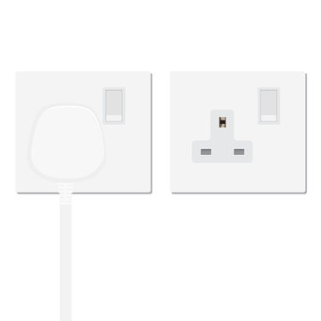 Realistic white plug inserted in electrical outlet and power socket