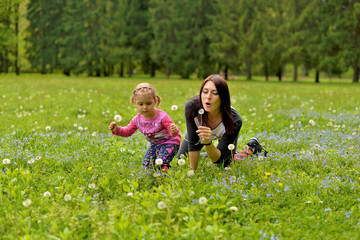  A young mother with a little daughter playing on a green meadow among meadow flowers.