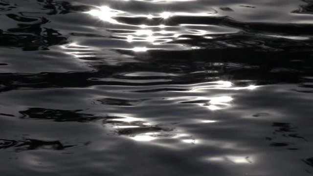Slow motion of strip waving black water surface in sun shine reflection. Amazing abstract natural contrast background. High speed camera shooting. Bright play of light on calm ripple.
