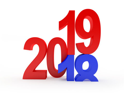2019 New Year concept. The blue number 18 changes to red number 19. 3D illustration