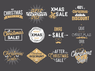 Merry Christmas sale overlays. New Year discounts quotes set. Funny xmas typography arts. Trending colors. Stock vector illustration isolated on dark background