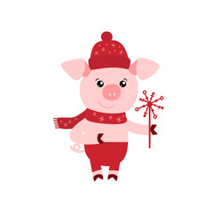 Vector illustration of cute pig with snowflake. Zodiac symbol of Chinese New Year 2019. Useful for calendar, diary, banner, greeting card. Vector isolated illustration for chinese new year
