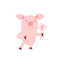Obraz na płótnie Canvas Vector illustration of cute pig with Christmas tree. Zodiac symbol of Chinese New Year 2019. Useful for calendar, diary, banner, greeting card. Christmas card, poster, sticker, clip art. 