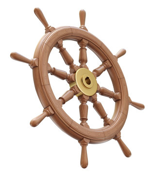 Wooden ship steering wheel isolated on white background