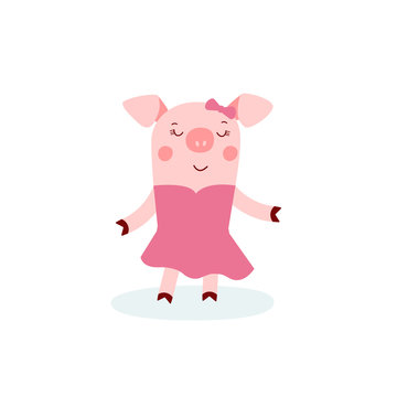 Vector illustration of cute pig in pink dress. Zodiac symbol of Chinese New Year 2019. Useful for calendar, diary, banner, greeting card. Christmas card, poster, sticker, clip art. 