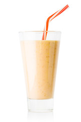 Banana or vanilla smoothie or yogurt in tall glass with straw