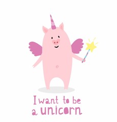 Cute character of unicorn pig with wings in cartoon style
