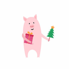 Cute pig character with a christmas tree. New year greeting card