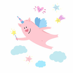 Cute character of flying unicorn pig with wings in cartoon style