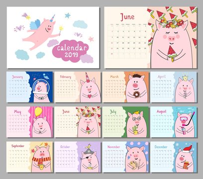 Monthly calendar with cute pig characters. Symbol of Chinese New Year 2019