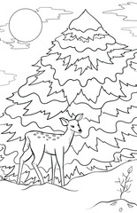 New year and Christmas theme. Black and white graphic doodle hand drawn sketch for adult coloring book. Winter landscape with tree, deer and snow.
