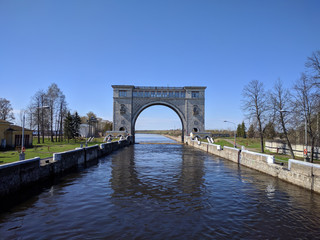 Gateway on the river channel, Volga, Russia