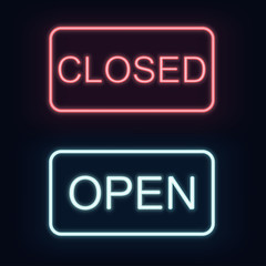 Glowing neon Closed and Open sign with magic sparkles on dark background